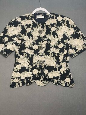 Albert Nipon Silk Floral Jacket Size 8 Vintage Scalloped Hem